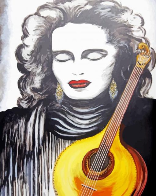 Lady Holding Yellow Guitar Art Diamond Paintings