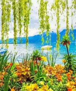 Mesmerizing Lake And Flowers Diamond Paintings