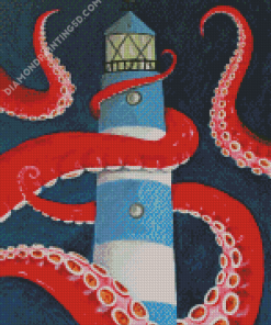 Red Octopus And Lighthouse Diamond Paintings