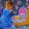 Baby Girl And Kittens In Basket Diamond Paintings