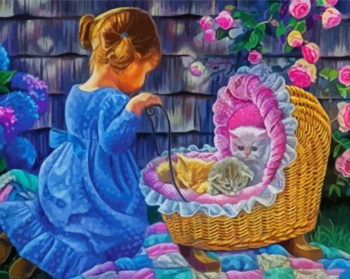 Baby Girl And Kittens In Basket Diamond Paintings