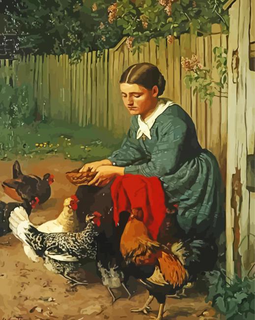 Girl With Chickens Diamond Paintings