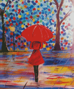 Girl With Red Umbrella Under Rain Art Diamond Paintings