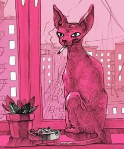Pink Cat Smoking Diamond Paintings