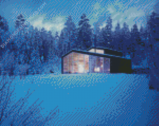 Lake Cabin In Snow Diamond Paintings