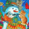 Cat And Kitten Snuggling With Snowman Diamond Paintings