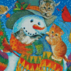 Cat And Kitten Snuggling With Snowman Diamond Paintings
