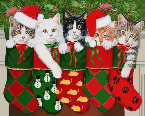 Christmas Cats In Stockings Diamond Paintings