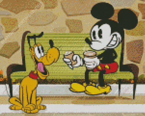 Mickey Mouse And Pluto Drinking Coffee Diamond Paintings
