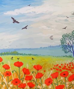 Poppies And Birds Diamond Paintings