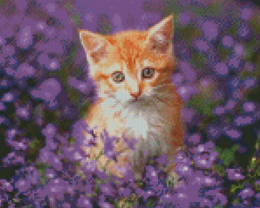 Aesthetic Kitten With Purple Flowers Diamond Paintings