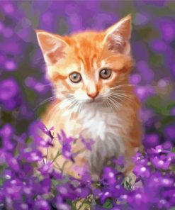 Aesthetic Kitten With Purple Flowers Diamond Paintings