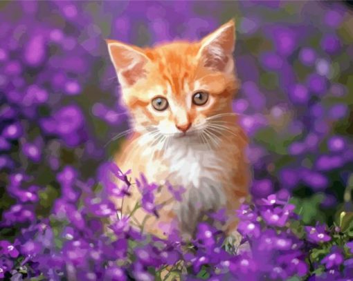 Aesthetic Kitten With Purple Flowers Diamond Paintings