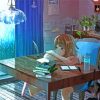 Cat And Girl Anime Watching Rain Diamond Paintings