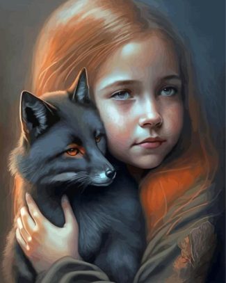 Girl And Black Fox Diamond Paintings