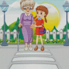 Girl Helping Old Woman Crossing The Road Diamond Paintings