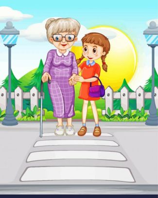 Girl Helping Old Woman Crossing The Road Diamond Paintings