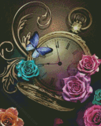 Aesthetic Clock And Flowers Diamond Paintings