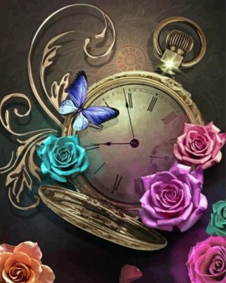 Aesthetic Clock And Flowers Diamond Paintings