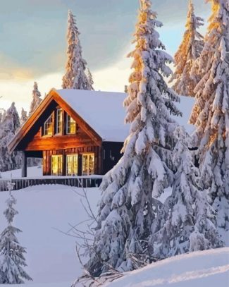 Aesthetic Norwegian Cabin in Snow Diamond Paintings