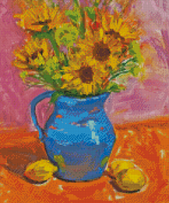 Sunflowers In Blue Vase With Lemons Diamond Paintings