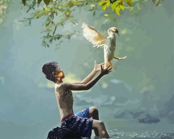 Boy And Birds Diamond Painting