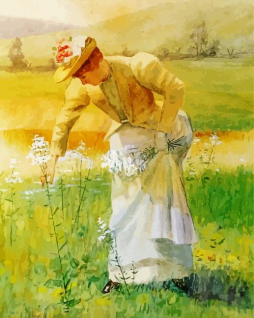 Vintage Woman Picking Flowers Diamond Painting