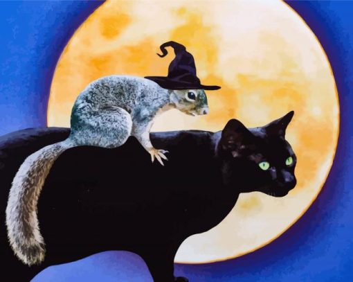 Black Cat And Squirrel Diamond Painting