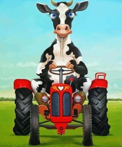 Cow Driving A Red Tractor Diamond Painting