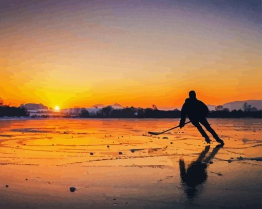 Ice Hockey On Lake Sunset Diamond Painting