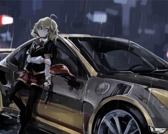 Anime Car And Girl Under Rain Diamond Painting