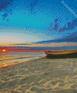 Beach With Row Boat At Sunset Diamond Painting