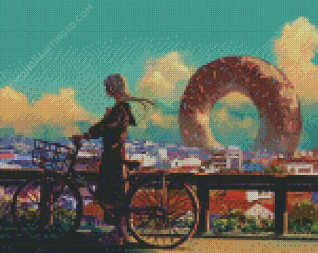 Girl Bicycle With Cityscape Diamond Painting