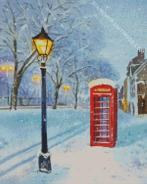 Red Phone Box In Snow Diamond Painting