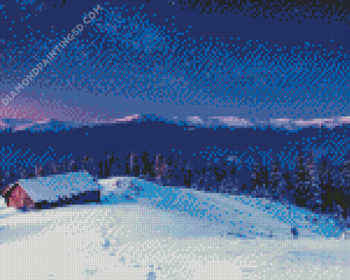 Winter Mountains Farm Scene Diamond Painting