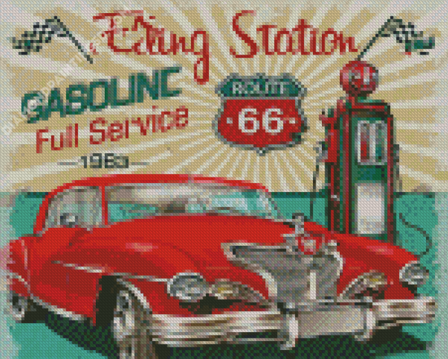 Car On Road 66 Vintage Poster Diamond Painting