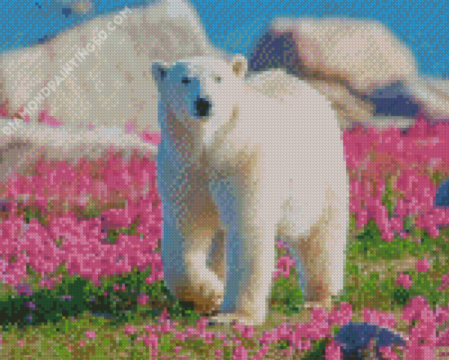 Polar Bear In Flowers Field Diamond Painting