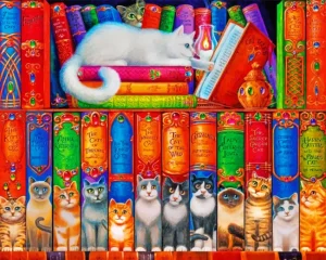 Cat Bookshelf By Charles Wysocki Diamond Painting 